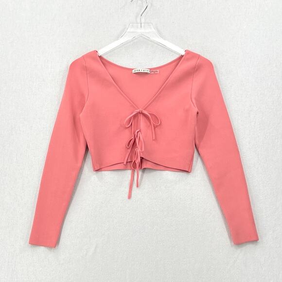 ALICE AND OLIVIA Sharee Top Womens Medium Pink Tie Knit Crop V Neck Long Sleeve - Picture 4 of 16